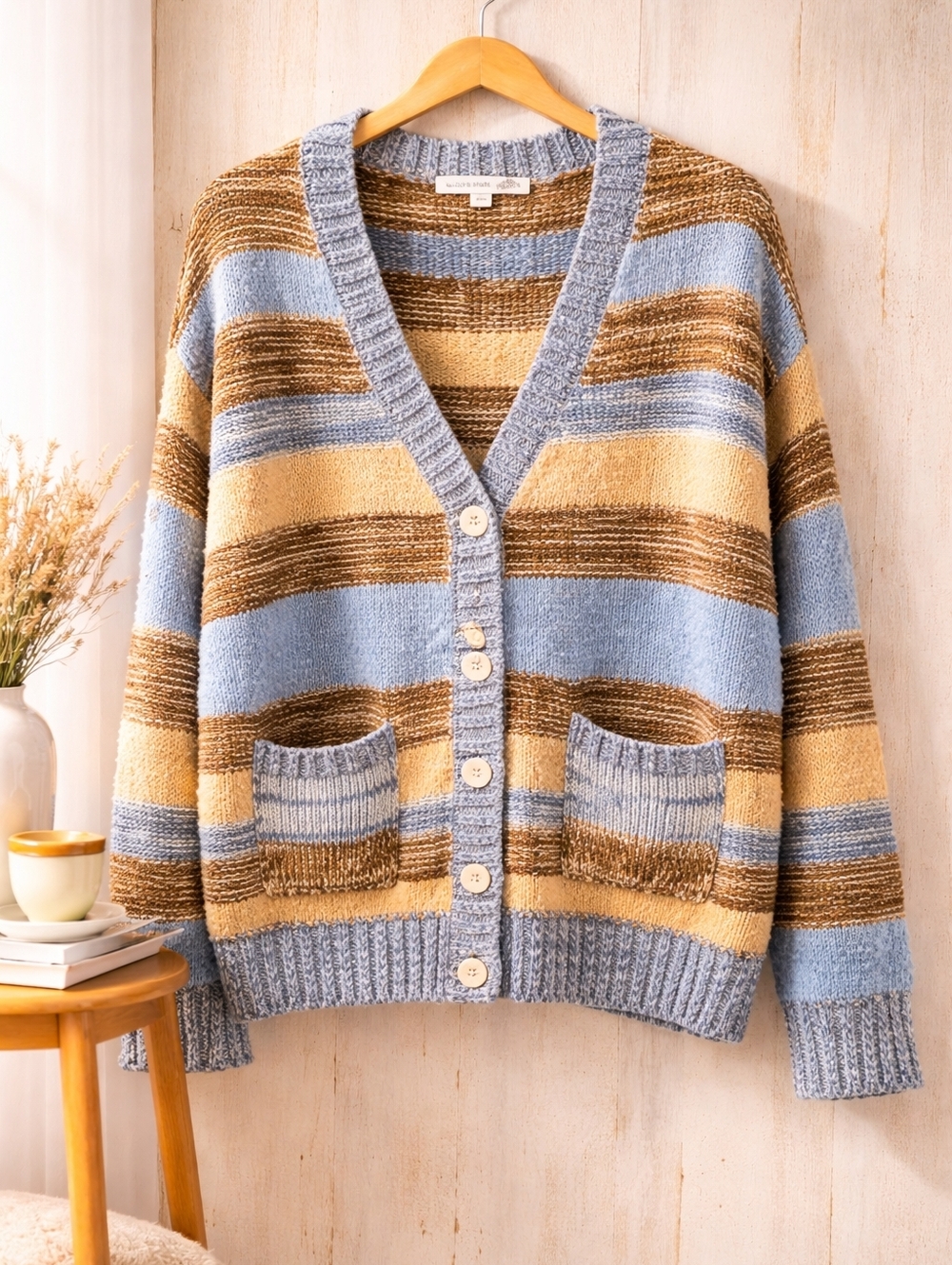 Altr'd State Striped V-Neck Button Cardigan Sweater in Light Blue, Beige & Brown
